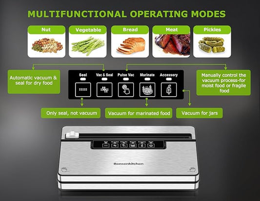 Bonsenkitchen Vacuum Sealer Machine, Stainless Steel Food Sealer Vacuum Sealers with 30 Bags & 1 Roll, 5 Food Vacuum Modes, Built-in Cutter & Bag Storage, Climate Pledge Friendly (Silver Black)