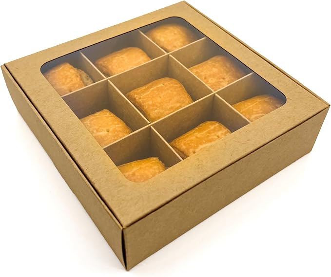 Treat boxes with window and dividers | 9 SMALL compartments | 6.5 x 6.5x 1.9 in | Chocolate covered strawberries supplies, macaron boxes, baked goods packaging | 10-pack (Kraft)