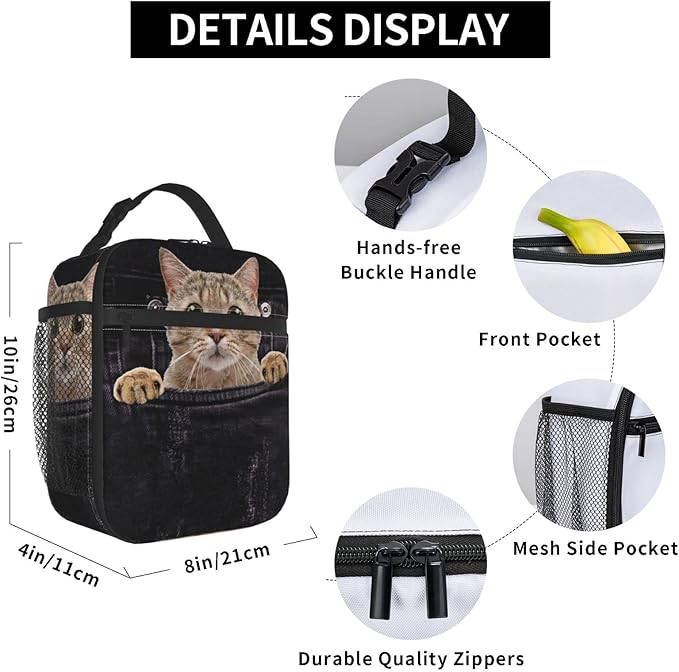 YETTA YANG Cute Funny 3d Cat Portable Lunch Bag Insulated Lunch Box Reusable Totes For Women Men Work Picnic Camping