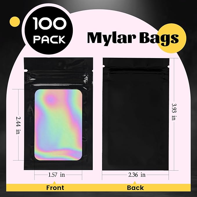 100 Pack Holographic Bags Smell Proof Bags Mylar Bags with Window for Food Storage and Small Business(Black, 2.4×4Inch)