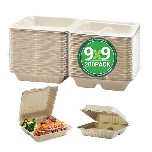yoyomax [9x9-200Pack 100% Compostable To Go Food Containers with Lids, 3-Compartment Take Out Clamshell Container, Bio Disposable | Eco Friendly | Heavy-Duty Boxes, Made of Sugarcane Fibers