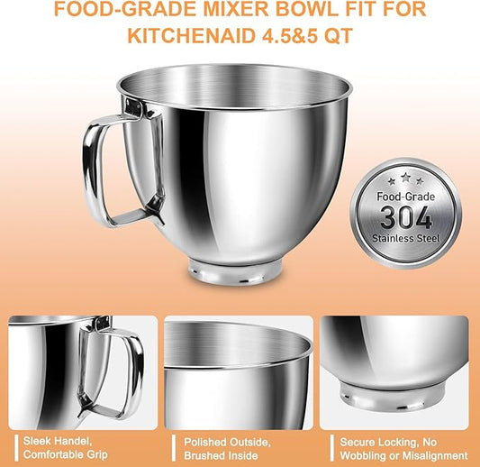 5 QT Food-Grade 304 Stainless Steel Mixer Bowl Fit for KitchenAid Tilt-Head Stand Mixers, 4.5-5 Quart Replacement Mixing Bowl with Handle for Kitchen Aid Artisan&Classic Series, Polished & Rust-Proof