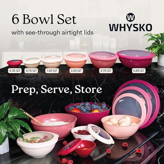 WHYSKO Mixing Bowl Set, 12 Piece Colorful Plastic Mixing Bowls with Lids Set for Food Prep Storage and Serving, Dishwasher Safe Microwave Safe for Kitchen Baking Cooking