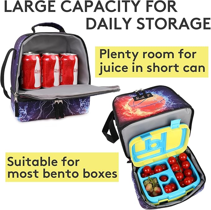 Tilami Lunch Bags Insulated Adjustable Strap Zipper, Water-Resistant Cooler Bags, Bento Bags for Kids Toddlers, Basketball