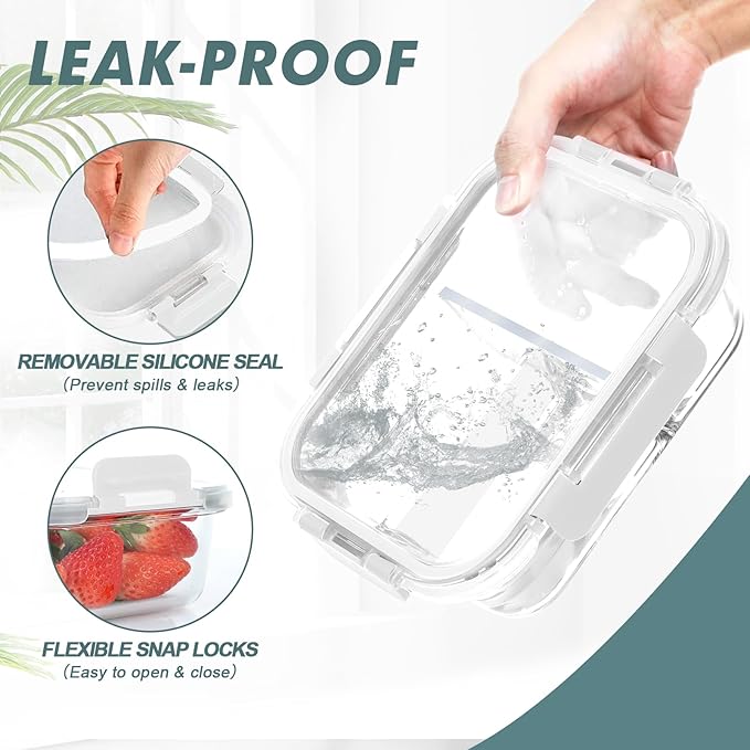 30 oz 5 Pack Glass Meal Prep Containers 2 Compartments, Glass Food Storage Containers with Lids, Airtight Glass Lunch Box, Microwave, Oven and Freezer Safe, White