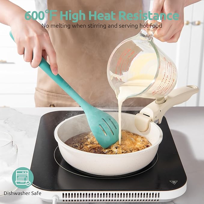 U-Taste 18/8 Stainless Steel Measuring Cups and Spoons Set (Set of 10, Aqua Sky), and 600℉ Heat Proof Long Non-Scratch Silicone Solid & Slotted Cooking Spoon for Mixing & Serving (Set of 2, Aqua Sk
