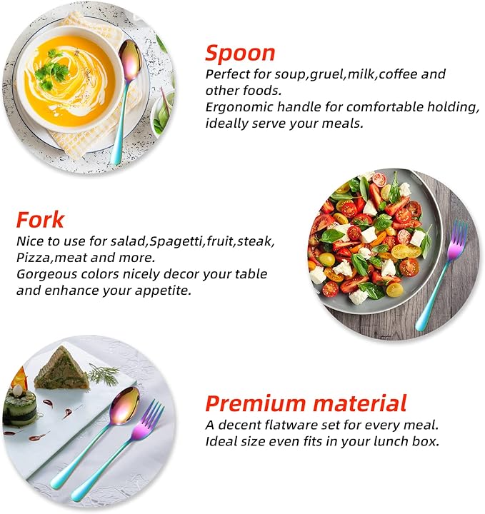 Rainbow Forks and Spoons, KITWARE 24-Piece Silverware Set for 12, Stainless Steel Flatware Cutlery Set for Daily Meal, Outdoor Camping, Hiking, Travel, Hotel
