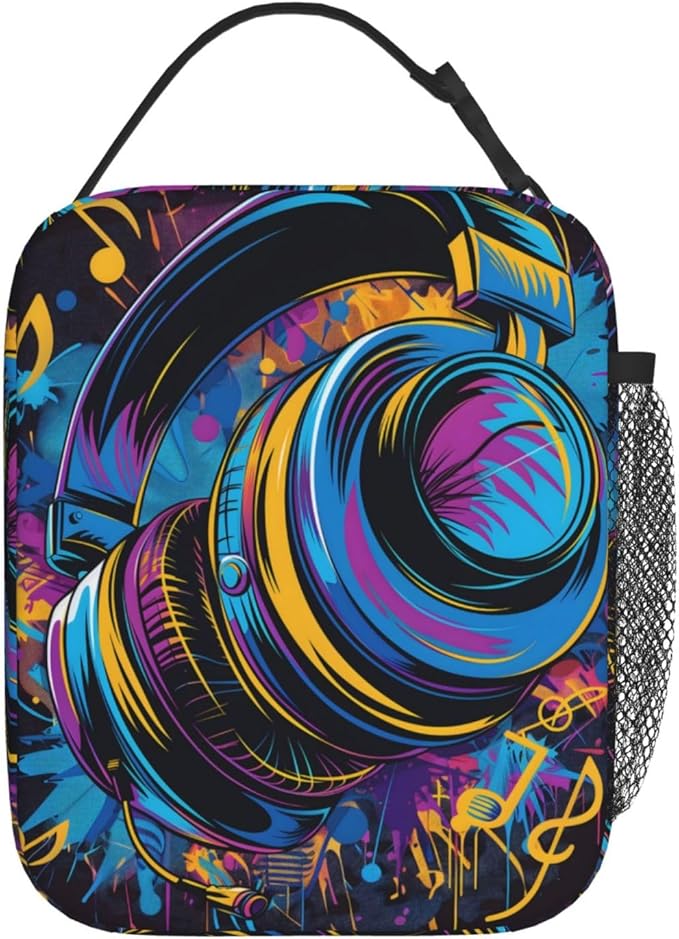 Insulated Lunch Box for Kids Boys Girls, Reusable Lunch Bag for School, Office, Work, Picnic, Travel, Headphones and Music Notes Lunch Box