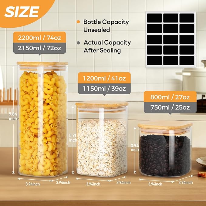 Glass Food Storage Jars with Bamboo Lids Square, Includes 1 Set of 74oz, 2 Set of 41oz & 27oz Storage Kitchen Canisters Pantry For Cookies Cereal Nuts Coffee Beans (Set of 5)