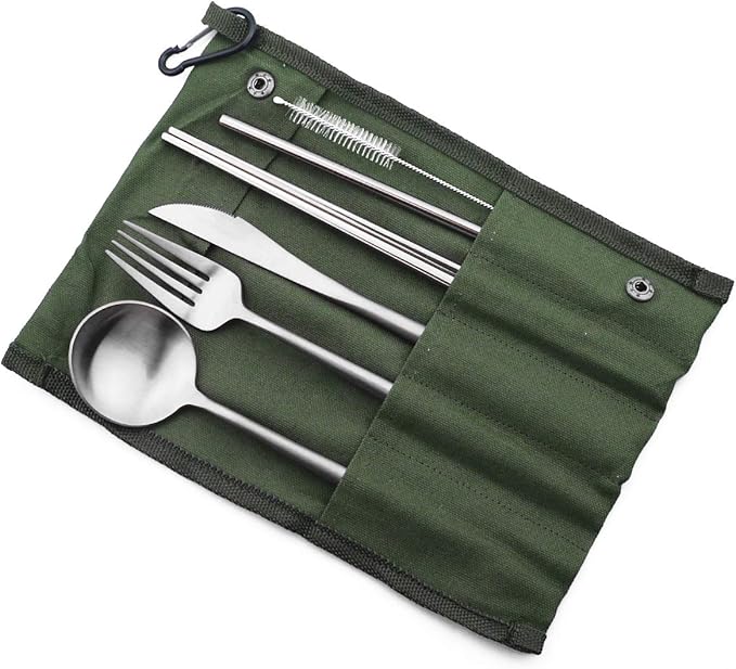 Reusable Travel Utensils, 7 Pieces Portable 18/10 Stainless Steel include Knife Fork Spoon Chopsticks Cleaning Brush Straws Portable Pouch, Eco-friendly Camping Silverware Set, Dishwasher Safe