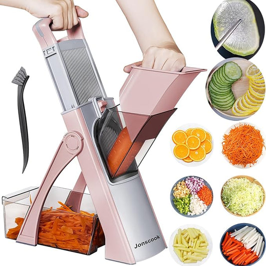 Safe Mandoline Food Slicer for Kitchen - Vegetable Chopper With Adjustable Thickness, Multifunctional Veggie Chopper Vegetable Cutter Slicer Dicer For Onion Potato Tomato - Pink