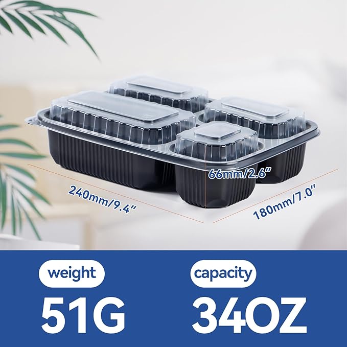 Meal Prep Container, 4 Compartment 40 Pack 34oz - Reusable Bento Boxes for Food Storage and Portion Control - To Go Containers for Meal Planning - BPA Free Microwave and Freezer Safe