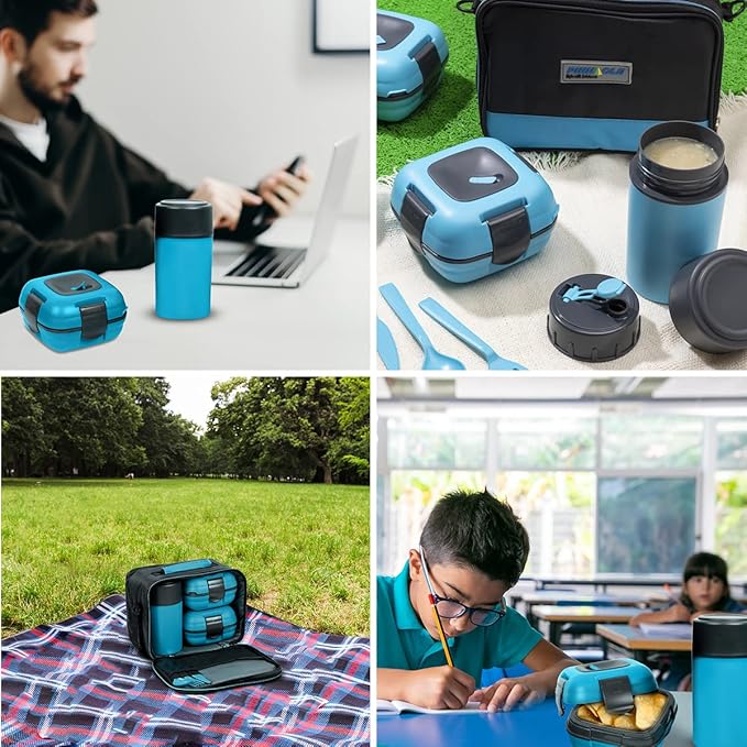 Pinnacle Thermoware Lunch Box Bag Set for Adults and Kids, Blue, Plastic and Stainless Steel, Matching Cutlery