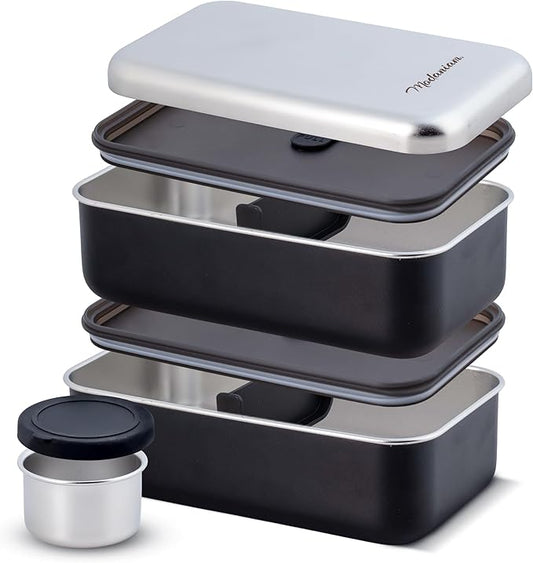 Premium Stainless Steel Bento Box Adult Lunch Box with Compartments|leak proof| Microwavable| Stackable Japanese Bento Lunchbox| Metal Lunch box|Lunch Containers |47 Oz|Black | Dad Gift