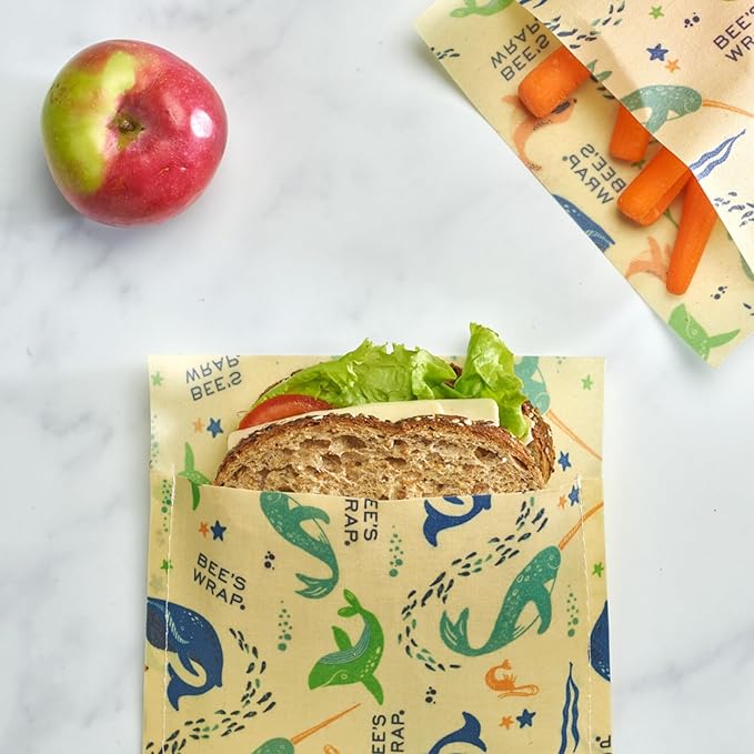Bee's Wrap Vegan Beeswax Wraps for Food - Under the Sea Sandwich Bag & Snack Bag, Made in USA Reusable & Organic Food Wraps, Sandwich Wrap - Eco-Friendly Alternative to Aluminum Foil & Plastic Wrap