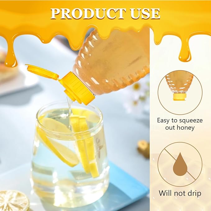 32 Pcs 8.8 oz Clear Plastic Honey Bottles, Empty Honey Bottles with Caps Plastic Skep Style Jar Refillable Honey Containers,Leakproof Honey Containers Holders for Storing Dispensing,Yellow