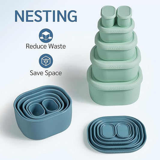 ISSEVE 6Pcs/Set Nesting Silicone Food Storage Containers with Lids, BPA Free Reusable Meal Prep Silicone Containers Lunch Box Bento Box Set (33.8oz, 20oz, 10oz, 6.7oz, 1.3oz) (Blue)