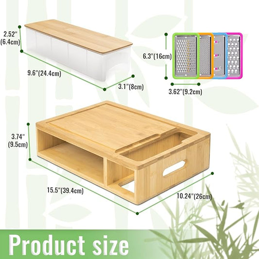 SHINESTAR Cutting Board with Containers, Sturdy Meal Prep Station for Kitchen, Includes 4 Graters, Cutting Board with 4 Trays - Easy Food Storage