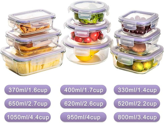 Bayco Glass Storage Containers with Lids, 9 Sets Meal Prep Container Airtight, Glass Food Storage Containers, Container Sets for Food Storage with Lids - (Purple)