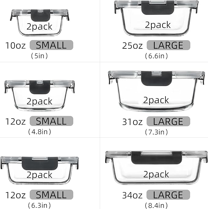 Glass Meal Prep Containers Set of 12 Food Storage Containers for Lunches, Dishwasher Safe, Grey
