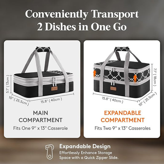 Lifewit Expandable Insulated Casserole Carrier for Hot or Cold Food, Double Decker Food Bag Lasagna Holder Carry Tote for Potluck Parties/Picnic/Cookouts, Fits 9"x13" Baking Dish, Black-Geometric