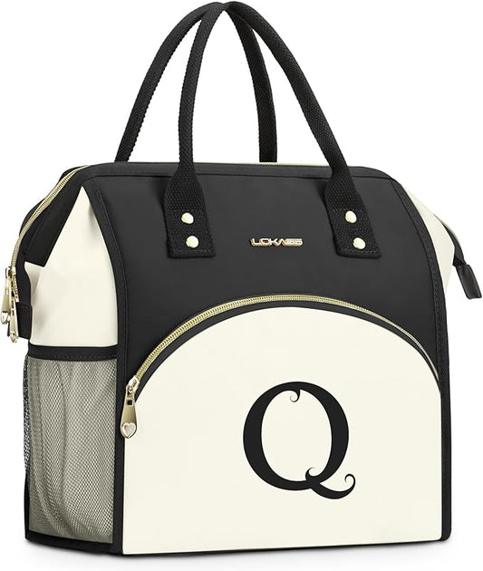Personalized Lunch Bag for Women, Preppy Reusable Insulated Initials Lunch Box Gift for Friend Large Wide-Open Water Resistant Adult Cooler Tote Bag for Work, Travel, Picnic - Black Q