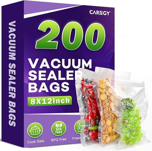 CAREGY Vacuum Sealer Bags 200 Quart 8" x 12" with BPA Free for Food Storage Meal Prep or Sous Vide