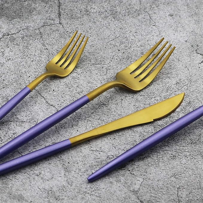 20-Piece 18/10 Stainless Steel Flatware Silverware, Luxury Dinnerware Set Travel Cutlery Tableware Include Knife Fork Spoon Service for 4, Dishwasher Safe (Purple Handle Matte Gold)