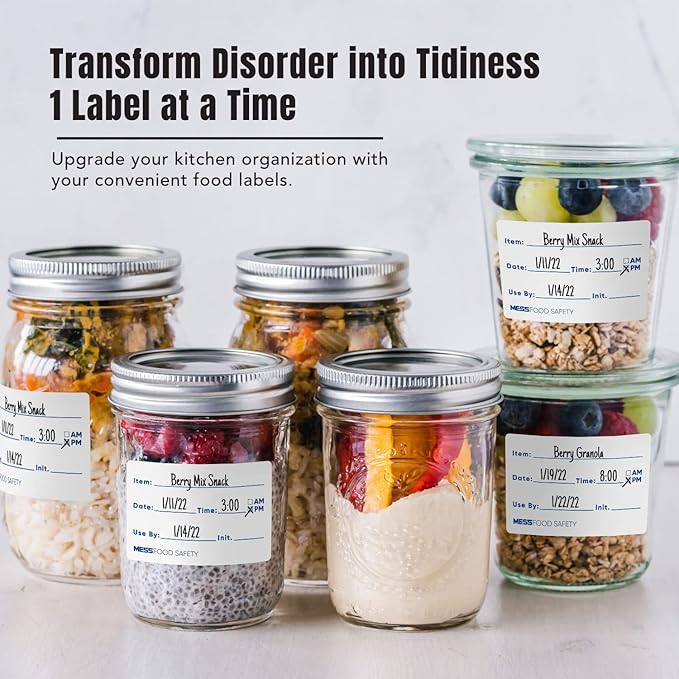 MESS Dissolvable Food Labels, 2x3, 300/Roll - Dissolves in 30 Seconds or Less - Removable Labels for Mason Jars, Food Containers & Pantry - Ideal for Canning & Freezer Storage
