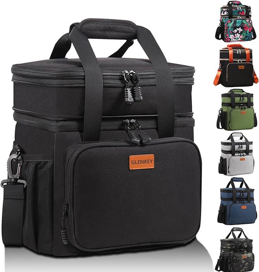 GLENKEY Expandable Insulated Large Lunch Box, Double Deck Heavy Duty Durable Lunch Bag Leakproof Cooler Bags for Men Women Adults Work Shift Flight Beach Daytrip, 20 Can, Black