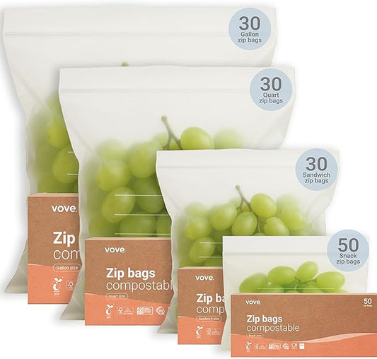 Compostable Zip Bags 140-Pack | Multi-Size Biodegradable Food Storage Bags | PLA PBAT Eco-Friendly | Certified Sustainable Kitchen Storage | Zero Waste