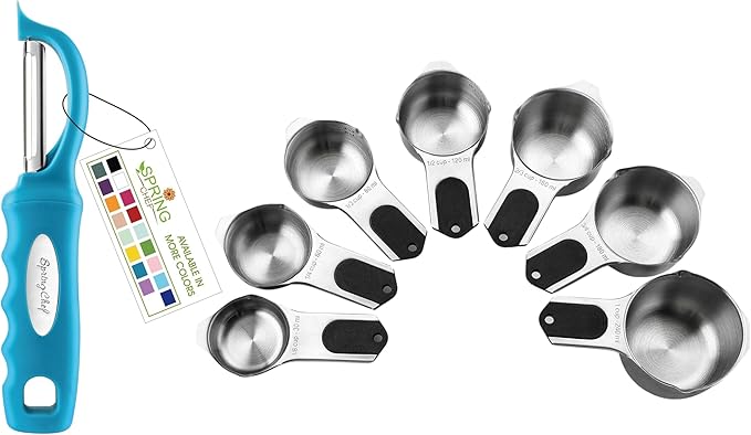 Spring Chef Premium Swivel Vegetable Peeler, Teal & Stainless Steel Magnetic Measuring Cups, Set of 7, Black - 2 Product Bundle