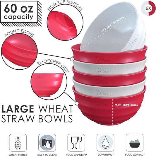 6 Wheat Straw Bowls 60 OZ - Large for Eating, Soup, Salad, Serving, Mixing, Cereal, Ramen, Rice, Popcorn - Microwave Safe