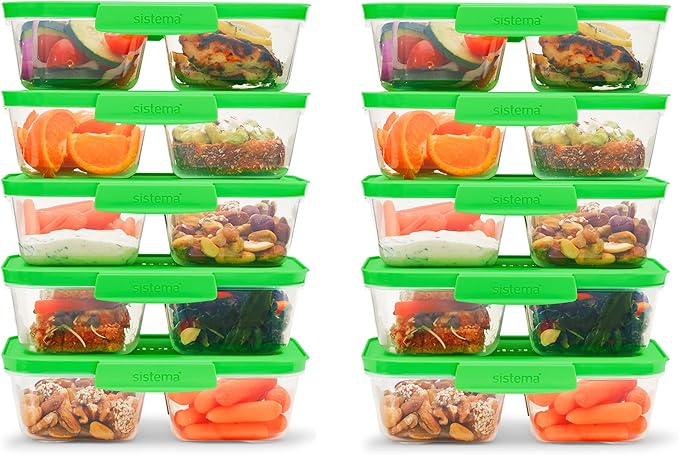 Sistema Nest It Meal Prep Food Storage Containers with Lids, 2 Compartments, 3.7 Cups, Plastic, 10-Pack, Green
