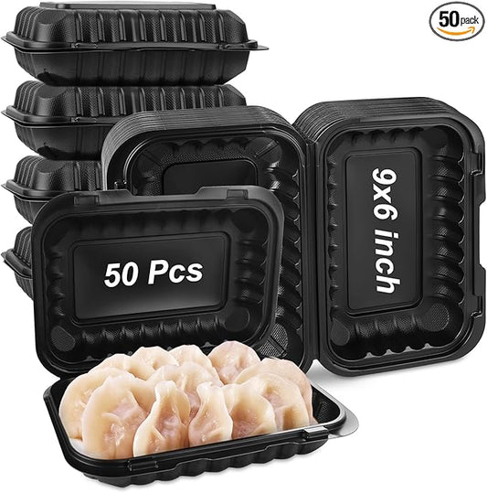 CYEAH 50 Pcs To Go Food Containers, 27 OZ Plastic Clamshell Food Containers, 9 x 6 Inch Black Take Out Food Containers, To Go Box Containers Takeout Food Trays for Meal Prep Takeout Leftovers