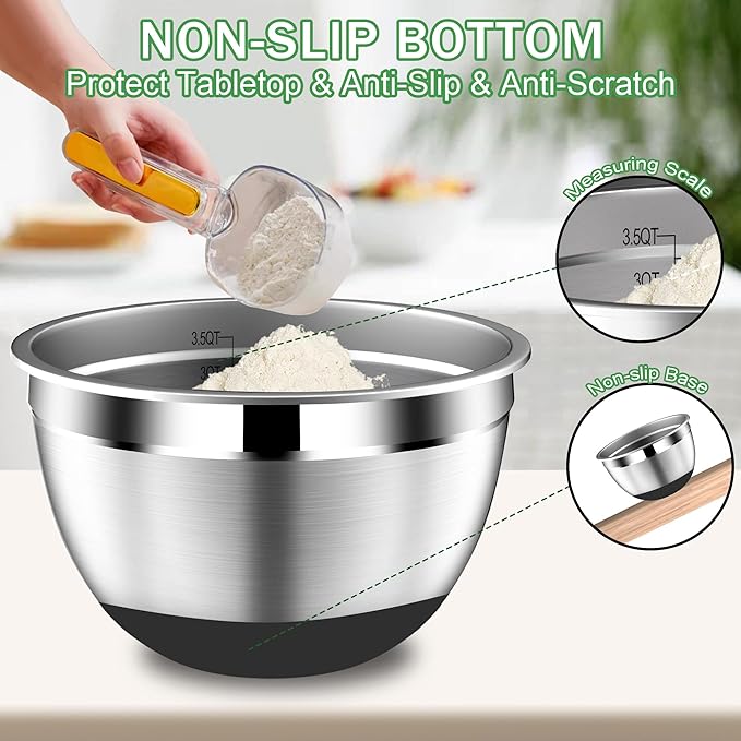 Mixing Bowls with Lids Set, Stainless Steel Mixing Bowls with Colander, Strainer with Mixing Bowl Set, Non-Slip Bottom, Kitchen Gadgets Bowl Christams Gift, Size 4, 2.5, 2, 1.5QT - Black