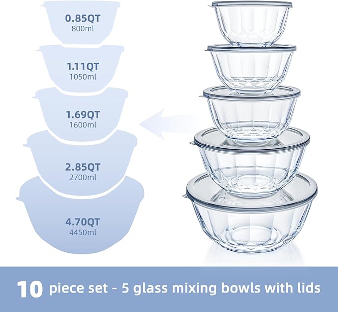 Glass Mixing Bowls with Lids Set of 5（4.70QT,2.85QT, 1.69QT,1.11QT,0.85QT,Glass Bowls with Lids,Large Salad Bowls Space-Saving Nesting for Cooking,Baking,Prepping,Dishwasher Safe