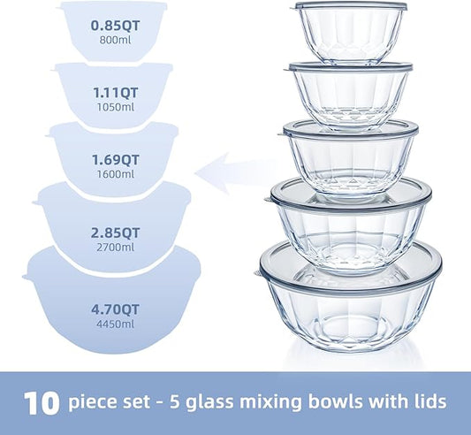 Glass Mixing Bowls with Lids Set of 5（4.70QT,2.85QT, 1.69QT,1.11QT,0.85QT,Glass Bowls with Lids,Large Salad Bowls Space-Saving Nesting for Cooking,Baking,Prepping,Dishwasher Safe