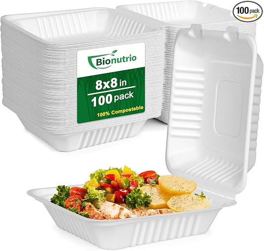 To Go Food Containers Disposable, Compostable Clamshell Containers 8x8, To Go Boxes For Food 100 Pack, Biodegradable Sugarcane Take Out Containers, Disposable Food Containers With White Bagasse