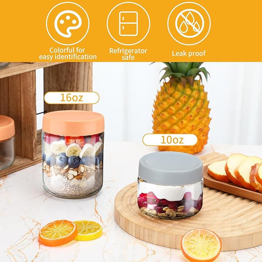 Glass Meal Prep Containers 10 Pcs Overnight Oats Containers with Lids 16 oz and 10 oz Large & Small Glass Jars Breakfast Oatmeal Container Salad Meal Prep Jars for Food Storage(Retro Color)
