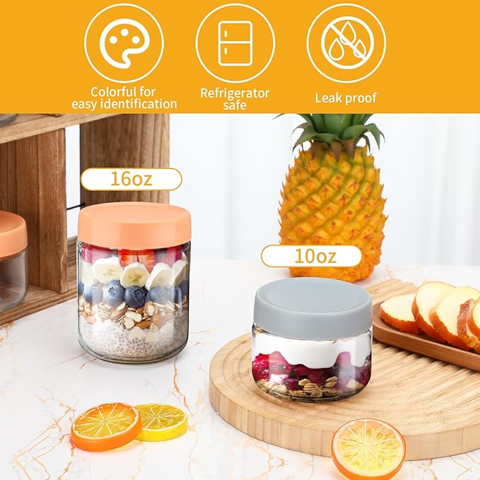 Glass Meal Prep Containers 10 Pcs Overnight Oats Containers with Lids 16 oz and 10 oz Large & Small Glass Jars Breakfast Oatmeal Container Salad Meal Prep Jars for Food Storage(Retro Color)