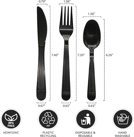Party Essentials Individually Wrapped Black Plastic Utensil Sets/Heavy Duty Flatware Packs, Fork/Spoon/Knife, 100 Sets