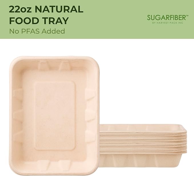 [100 COUNT]Sugarfiber by Harvest Pack 22 oz PFAS FREE Disposable Food Trays, Disposable Food Container Bagasse Serving Trays, Rectangle, Made from Sugarcane Eco-Friendly Plant Fibers, No Lids included