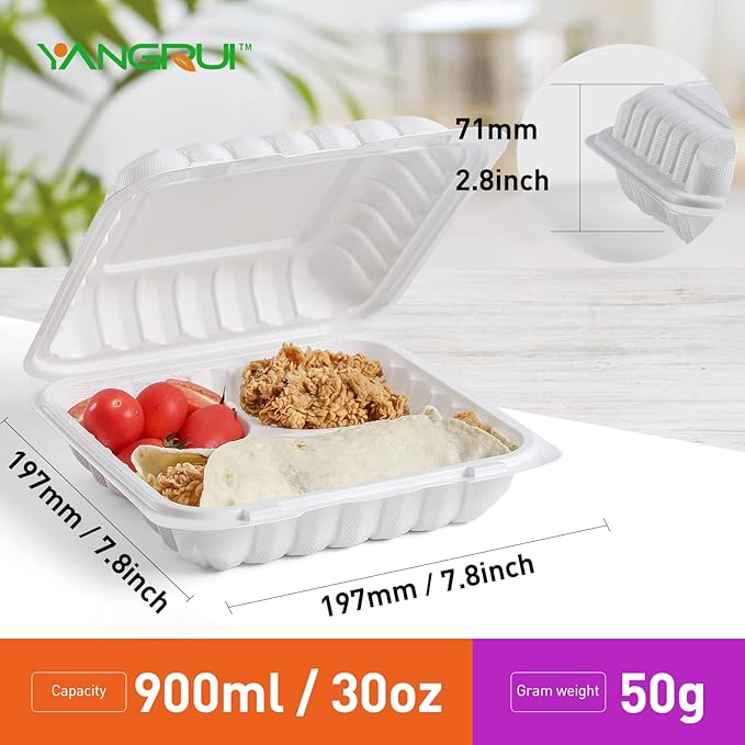 YANGRUI Clamshell Food Containers, 65 Pack 7.8 Inch BPA Free Reusable To Go Container 30 oz Shrink Wrap 3 Compartment Freezer and Microwave Safe MFPP Take Out Boxes