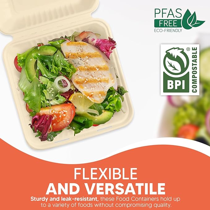Compostable Clamshell Food Box with Lid (8x8 inch) 150-Pack | Disposable Plates | Made of Biodegradable Sugarcane Bagasse | Heavy-Duty Eco-Friendly Takeout Containers | Natural Brown
