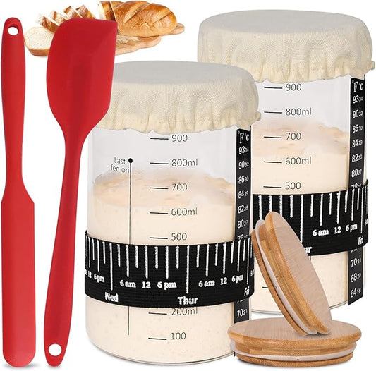 Pro Sourdough Starter Jar Kit 2 Packs-35 Oz Sourdough Bread Starter Jar Kit with Date Marked Feeding Band,Thermometer,Spatula,Cloth Cover& Lid for Sour Dough Bread Loaf (2 Pcs)