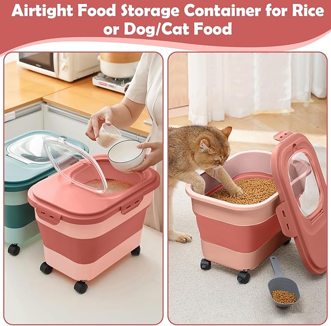 Rice Storage Container, 20Lbs Flour Container, Airtight Large Pet Dog Cat Food Storage Dispenser Bin with Wheels, Scoop & Measuring Cup, Collapsible Kitchen Dry Food Holder for Rice Cereal Kibble