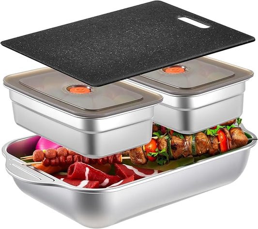 4 Pcs Grill Prep Trays Set Includes Stainless Steel Grilling Prep and Serve Tray Grill Platter 2 Marinade Container with Lids and Cutting Board for BBQ Outdoor Grilling (Deep Tray)