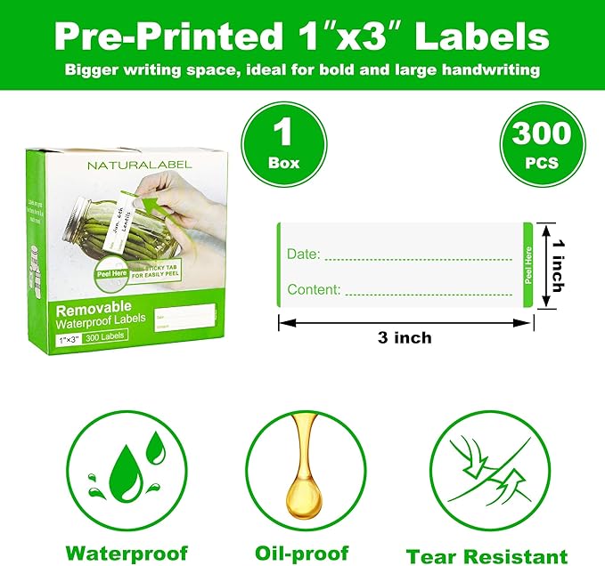 NATURALABEL 300 PCS Removable Freezer Labels with Dispenser - 1" x 3" Food Labels for Meal Prep Containers & Pantry Organizers, Easy Peel-Off Design, No Residue (Green)