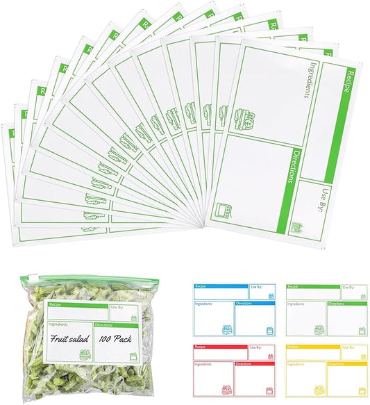 100pcs Labels for Freezer Bags Freezer Meal Labels with Instructions 3.2 X 5 inch Oil and Water Resistant Labels Food Labels for Freezer Storage for Leftovers in Fridge Freezer (Green)